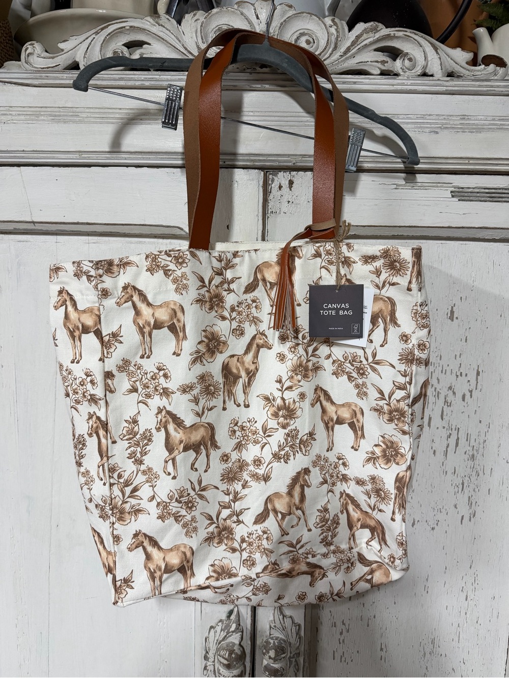 NWT Canvas Tote Bag with Horse Print and Brown Leather Handles western